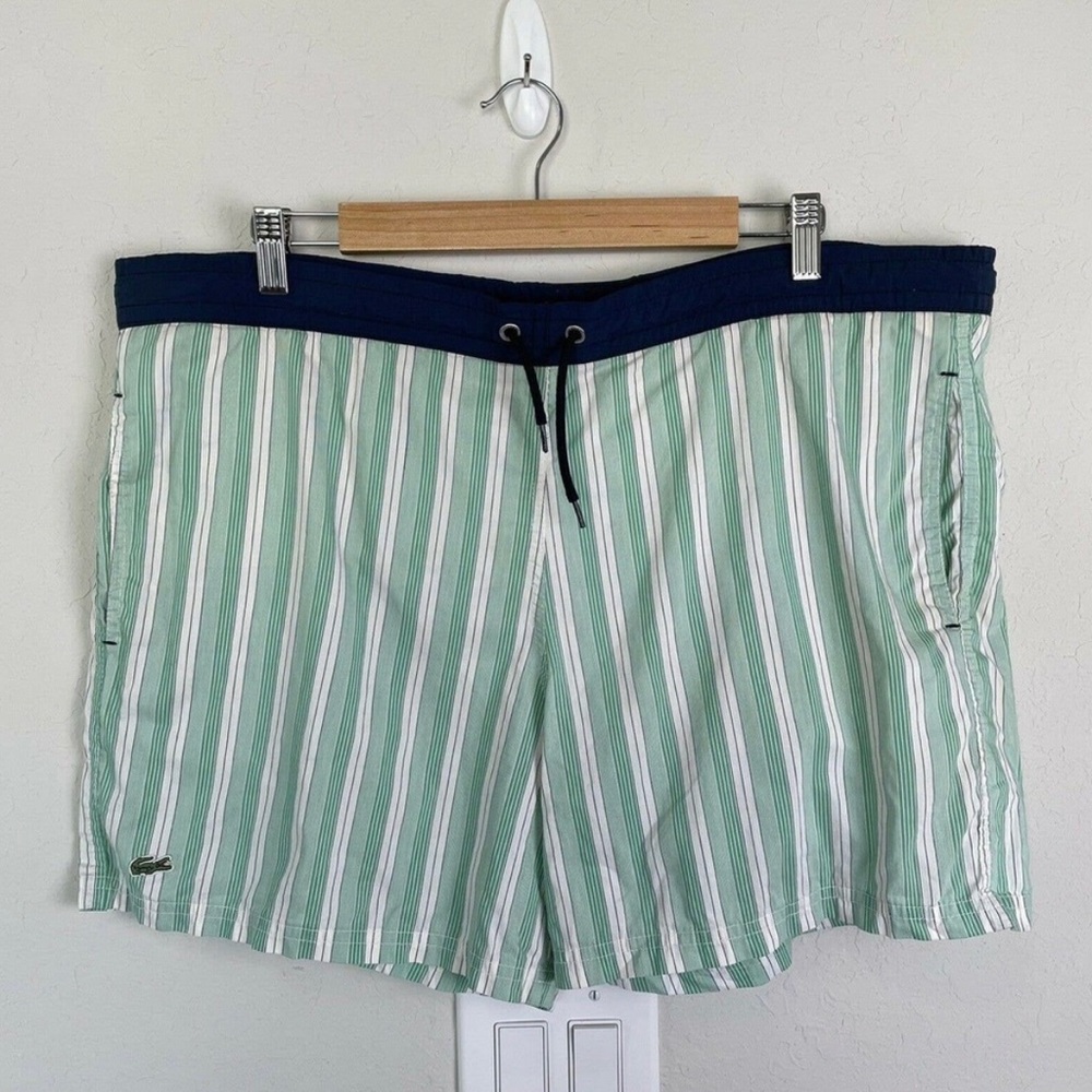 Lacoste Green Striped Short Swim Trunks
Size Large